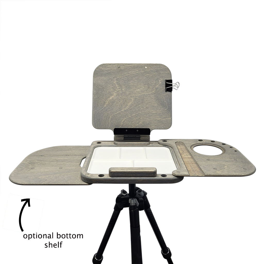 Cup Easels Inc. Lite Easel Shelves for art supplies with tripod bottom shelf, suitable for painting and studio organization.