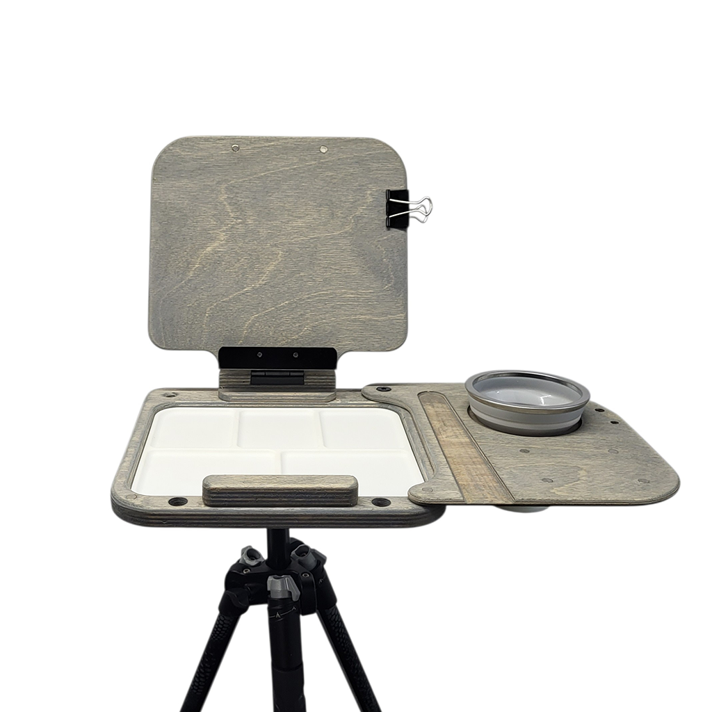 Tripod art easel with water supply kit from Cup Easels Inc., designed for painting and sketching with accessible water features.
