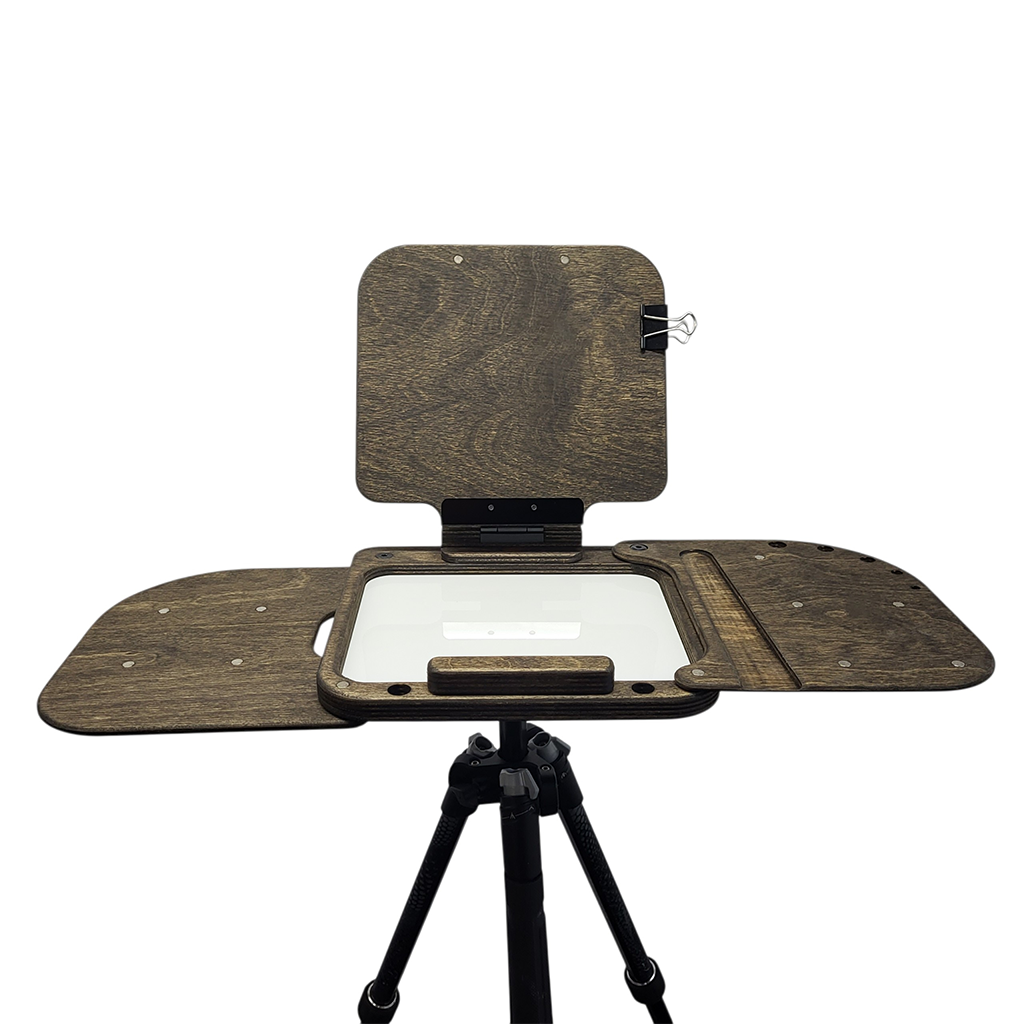 Lite Easel Shelves by Cup Easels Inc. displayed on a tripod base, ideal for art supplies and painting setups.