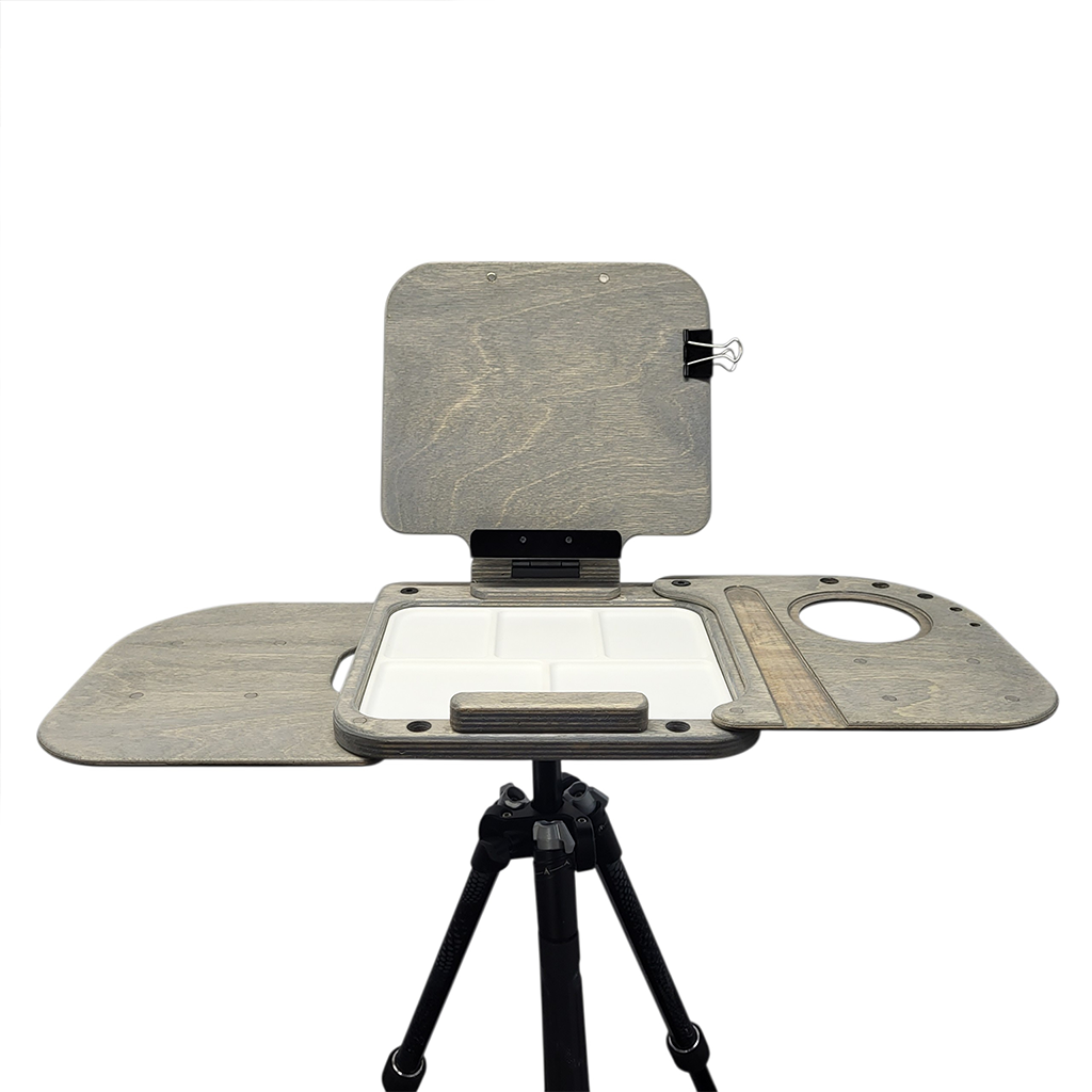 Cup Easels Inc. Lite Easel Shelves art supplies with tripod bottom shelf for easy display and organization of art projects.