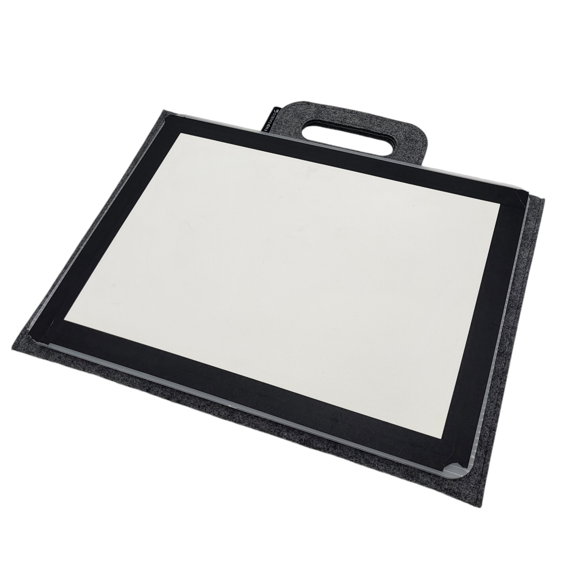 Quarter sheet carrier for art supplies by Cup Easels Inc., shows a sturdy, black carrying case designed for art paper storage.