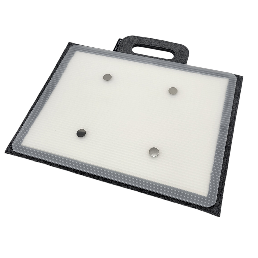 Quarter sheet carrier for art supplies by Cup Easels Inc., showing a practical storage and transport container for artists.