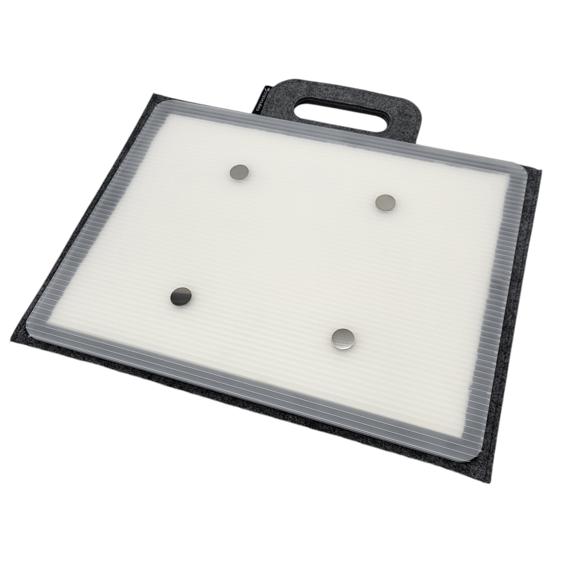Quarter sheet carrier for art supplies by Cup Easels Inc., showing a practical storage and transport container for artists.