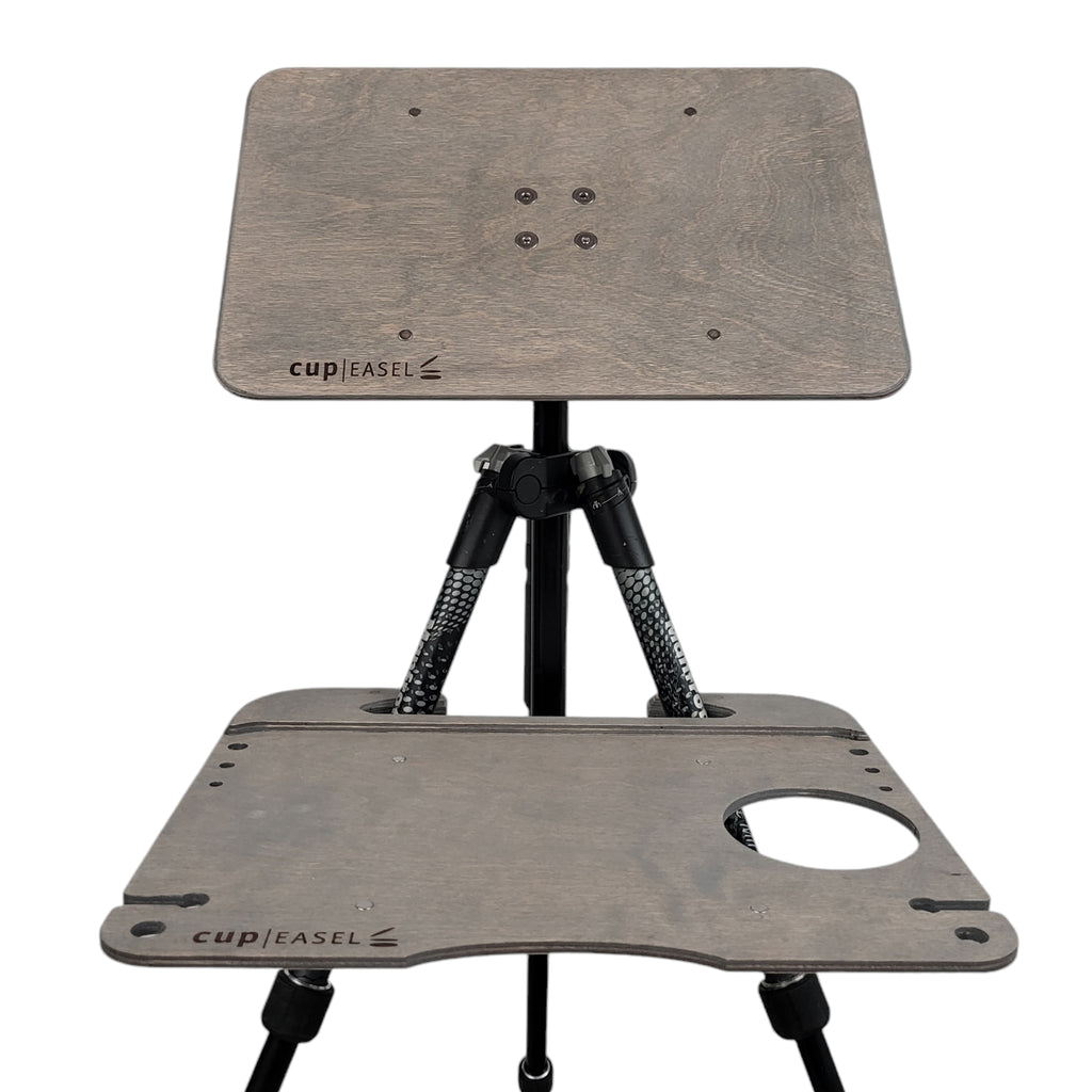 Tripod Cup Shelf by Cup Easels Inc. for art supplies, showing a sturdy wooden shelf with tripod supports for organizing art tools.