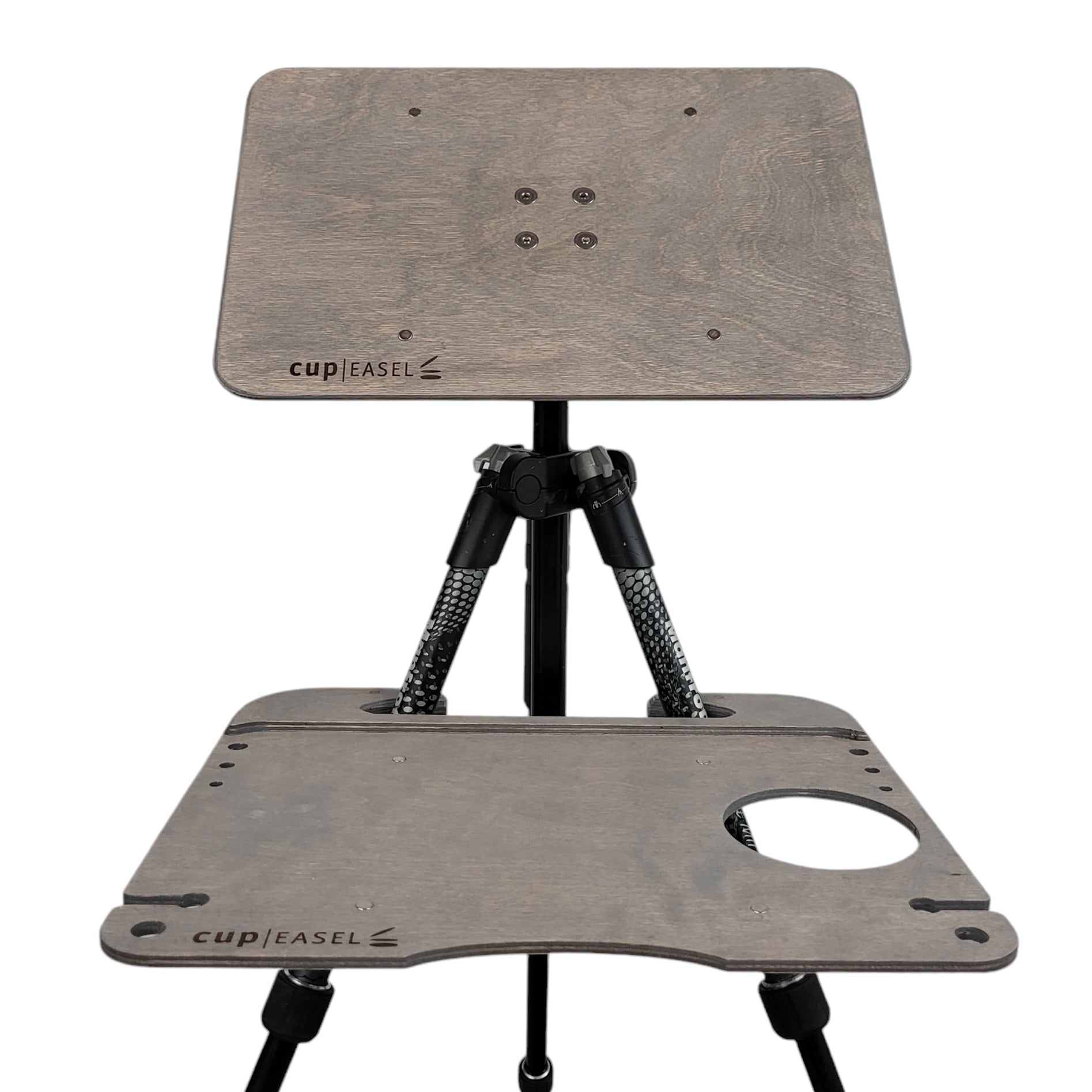 Tripod Cup Shelf by Cup Easels Inc. for art supplies, showing a sturdy wooden shelf with tripod supports for organizing art tools.