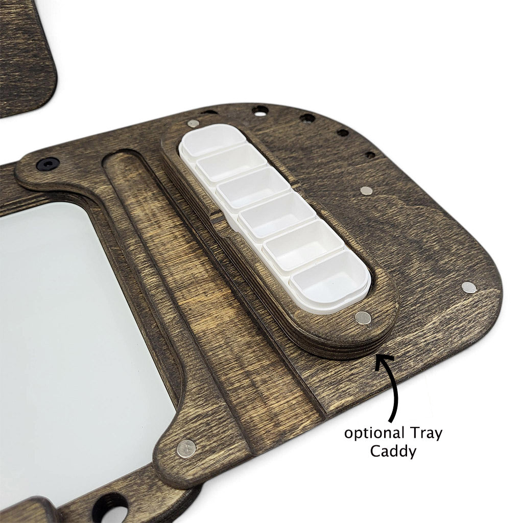 Sepia-toned Lite Easel Oil Kit with tray and caddy, ideal art supplies for painting and studio use by Cup Easels Inc.