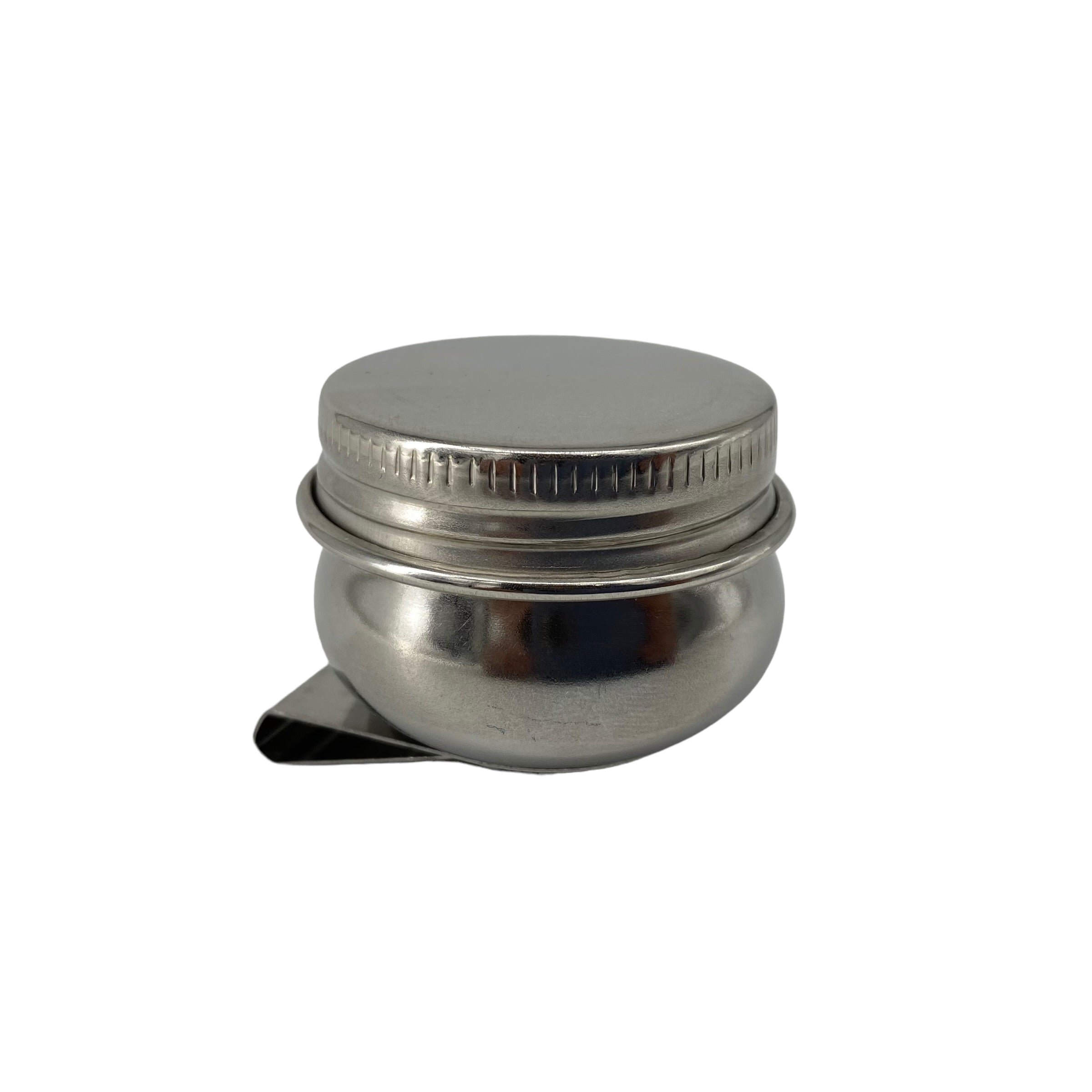 Metal solvent cup for art supplies with clip from Cup Easels, used for holding solvents during painting or cleaning processes.